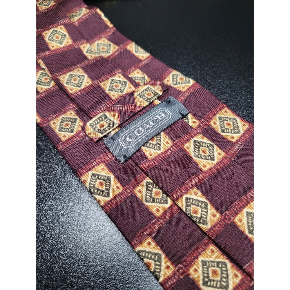 Coach Men's Necktie Burgundy Gold Tan Diamond Geometric Excellent